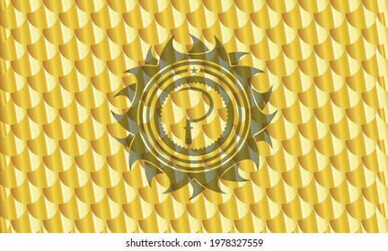 sickle icon inside golden emblem. Scales pattern. Vector Illustration. Detailed. 