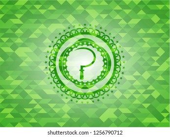sickle icon inside green emblem with triangle mosaic background