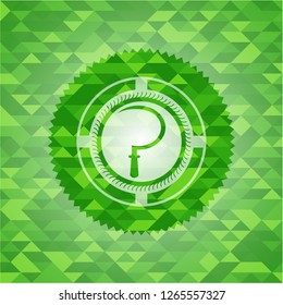 sickle icon inside green emblem with triangle mosaic background