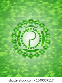 sickle icon inside green emblem with mosaic ecological style background
