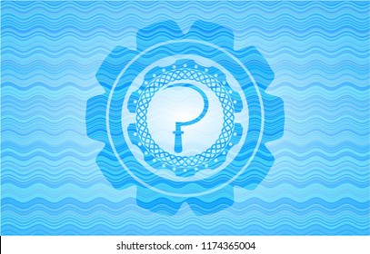 sickle icon inside light blue water wave badge.