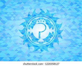 sickle icon inside light blue emblem with triangle mosaic background