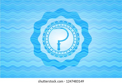 sickle icon inside light blue water wave emblem.