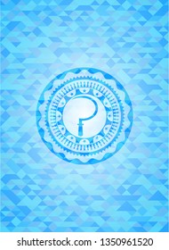 sickle icon inside light blue emblem with mosaic ecological style background