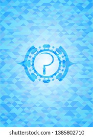 sickle icon inside light blue emblem with mosaic background