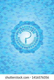 sickle icon inside light blue emblem. Mosaic background