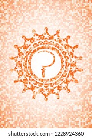 sickle icon inside orange tile background illustration. Square geometric mosaic seamless pattern with emblem inside.