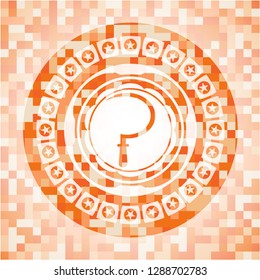sickle icon inside orange tile background illustration. Square geometric mosaic seamless pattern with emblem inside.