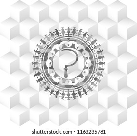 sickle icon inside realistic grey emblem with geometric cube white background