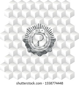 sickle icon inside realistic grey emblem with geometric cube white background
