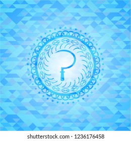 sickle icon inside realistic light blue emblem. Mosaic background