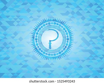 sickle icon inside realistic light blue emblem. Mosaic background