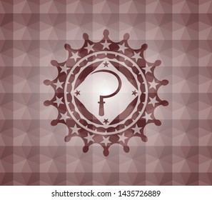 sickle icon inside red emblem with geometric background. Seamless.