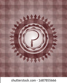 sickle icon inside red emblem or badge with abstract geometric polygonal pattern background. Seamless.