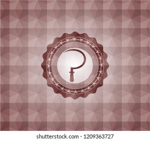 sickle icon inside red seamless emblem or badge with abstract geometric polygonal pattern background.