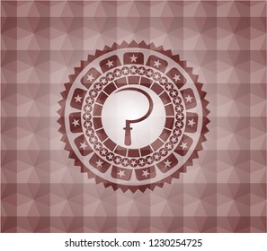sickle icon inside red seamless emblem or badge with abstract geometric pattern background.
