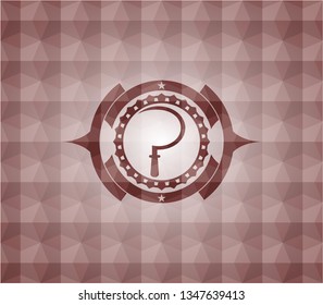 sickle icon inside red seamless emblem or badge with abstract geometric pattern background.