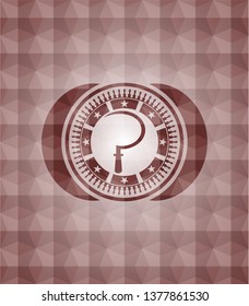 sickle icon inside red seamless emblem or badge with abstract geometric pattern background.
