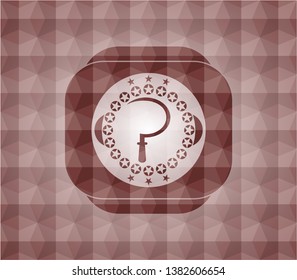 sickle icon inside red seamless badge with geometric pattern background.