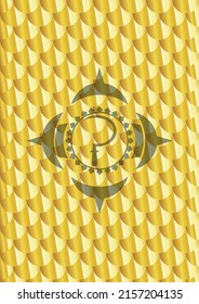 sickle icon inside shiny golden badge. Scales pattern. Vector Illustration. Detailed. 