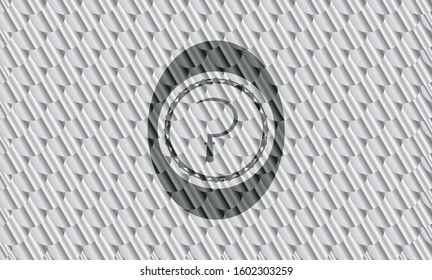 sickle icon inside silver color badge. Scales pattern. Vector Illustration. Detailed.