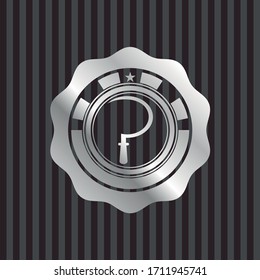 sickle icon inside silver emblem or badge. 