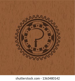 sickle icon inside wooden emblem. Retro