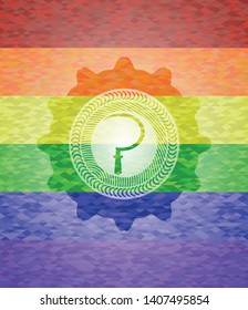 sickle icon on mosaic background with the colors of the LGBT flag
