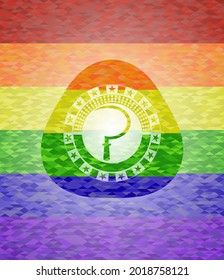 sickle icon on mosaic background with the colors of the LGBT flag. 
