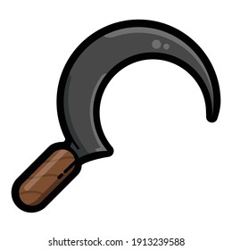 Sickle icon vector illustration. Beautiful design garden sickle vector. Realistic vector illustration of metal sickle with handle made of wood.