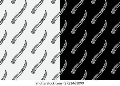 Sichelmesser Gravur nahtloses Muster auf schwarz-weißem Hintergrund für Gartenarbeit gesetzt. Gebogene Messer Schraffur Muster Hintergrund für Park. Karambit Messer Linie Art Motiv Tapete für Outdoor