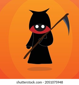 sickle mascot in cartoon form With a scythe in his hand, a menacing grim reaper. a Halloween illustration