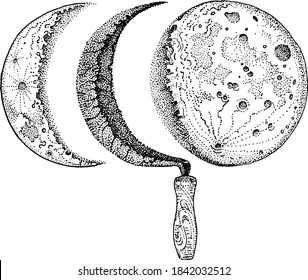 Sickle and moon phases. Waning and crescent moon. Hand drawn vector illustration isolated black on white. T shirt print, tattoo design in dotwork style. Nature, rural, magic, esoteric symbol