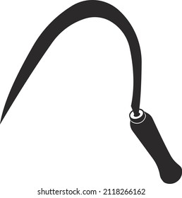 A sickle for mowing grass. Agricultural tools. Black flat symbol. Isolated image on a white background.