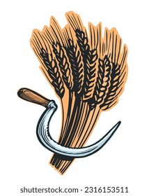 Sickle reaps wheat. Farm organic food. Bakery, bread, baking concept. Vector illustration