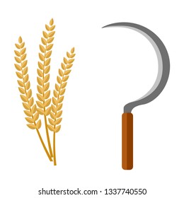 Sickle and rice grain, harvesting tool Flat cartoon vector illustration.