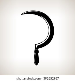 Sickle, Silhouette Modern Harvesting Sickle on a Light  Background, Agricultural Tool , Garden Equipment,  Black and White Vector Illustration