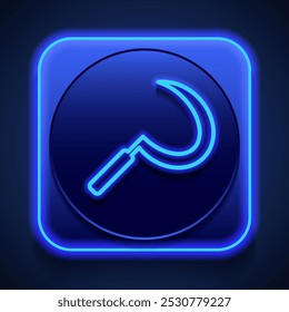 Sickle simple icon. Flat design. Blue neon style on button. With shadow.ai