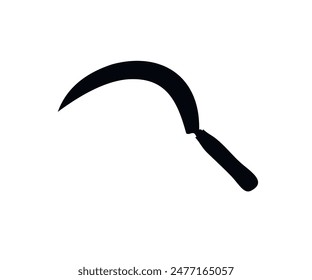 Sickle with wooden handle black icon. Agricultural tool, use for getting rid of grass or weeds in paddy field or gardens, use for harvesting rice or other purpose vector design and illustration.
