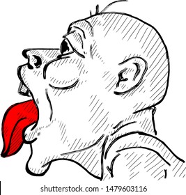 A sickly bald man sticking out his tongue. Hand drawn vector illustration. 