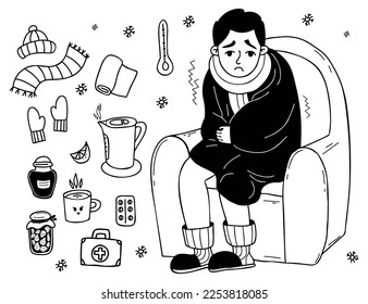 Sickness and cold. Sick unhappy guy wrapped in blanket sits in chair and trembles. Near pills, scarf, jam and hot kettle. Collection Vector isolated linear drawings doodles