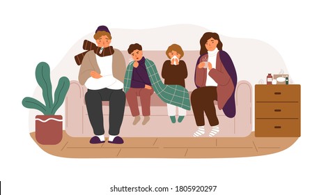 Sickness family with common cold symptoms sitting on couch together vector flat illustration. Adults and children covering plaid, measuring temperature, coughing and wiping snot isolated on white