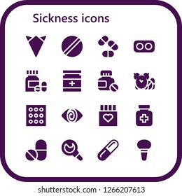  sickness icon set. 16 filled sickness icons. Simple modern icons about  - Handkerchief, Pill, Pills, Drugs, Drug, Fatigue, Enema