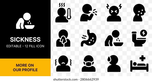 Sickness Illness and Disease Symptoms Solid Icon Set A set of twelve solid fill vector icons illustrating various health issues and sickness symptoms including fever coughing headache vomiting stomach ache runny nose and bed rest ideal for medical infographics healthcare websites and clinical apps