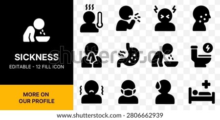 Sickness Illness and Disease Symptoms Solid Icon Set A set of twelve solid fill vector icons illustrating various health issues and sickness symptoms including fever coughing headache vomiting stomach ache runny nose and bed rest ideal for medical infographics healthcare websites and clinical apps