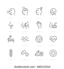 sickness and illness vector line icons, minimal pictogram design, editable stroke for any resolution