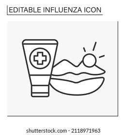  Sickness line icon. Herpes on lips due to temperature. Treatment by cream. Influenza concept. Isolated vector illustration. Editable stroke