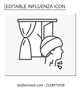  Sickness line icon. Man caught a cold from the draft. Sore throat. Influenza concept. Isolated vector illustration. Editable stroke