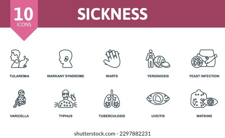 Kurskorb-Set. Kreative Symbole: Tularemie, arkanisches Syndrom, Warzen, Yersiniose, Hefeinfektion, Varizellen, Typhus, Tuberkulose, Uveitis, Watkins.