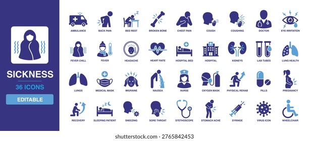 Sickness solid vector glyph icon set for healthcare featuring ambulance, virus, doctor, fever, cough, medical mask, hospital, headache, pills, stethoscope, lungs, and stomach ache symptoms.